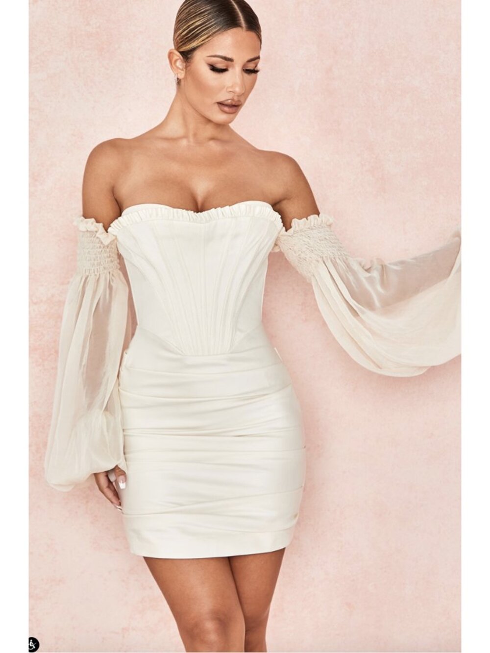 House of CB Ivory Off-Shoulder Corset Mini Dress with Sheer Bishop Sleeves